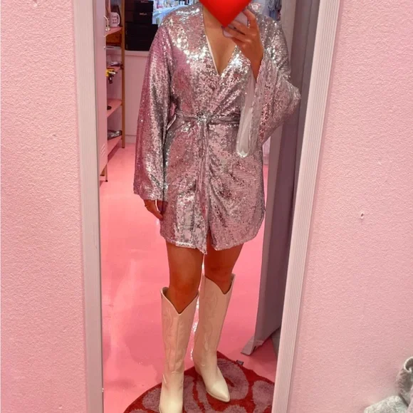 slim fit dress slacks Chi Chi London Women's Long Sleeve Glitter Plisse Wrap Midi Dress Silver 14 main image 0
